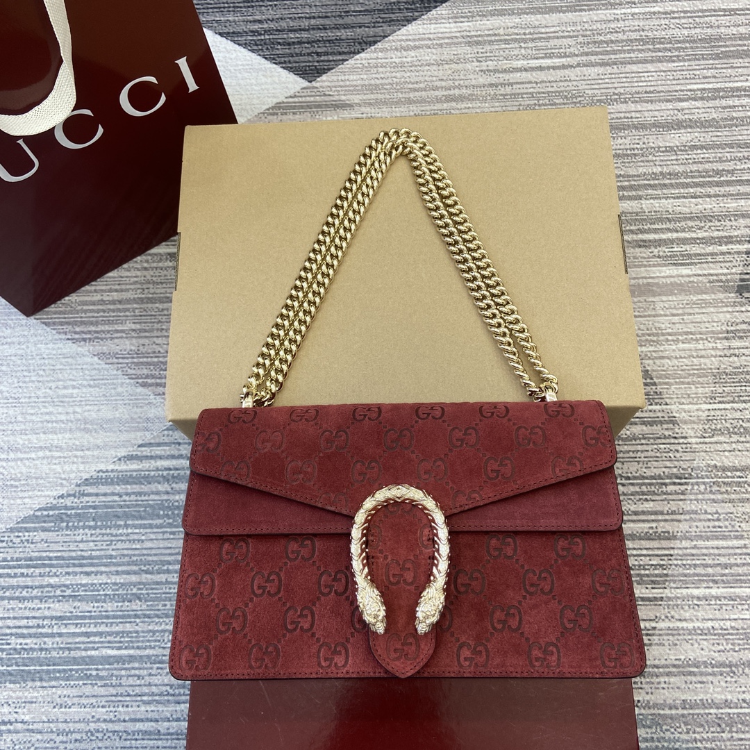 GUCCI Dionysus Small Shoulder Bag Red GG Velvet Tiger Head Clasp Flap Sliding Chain