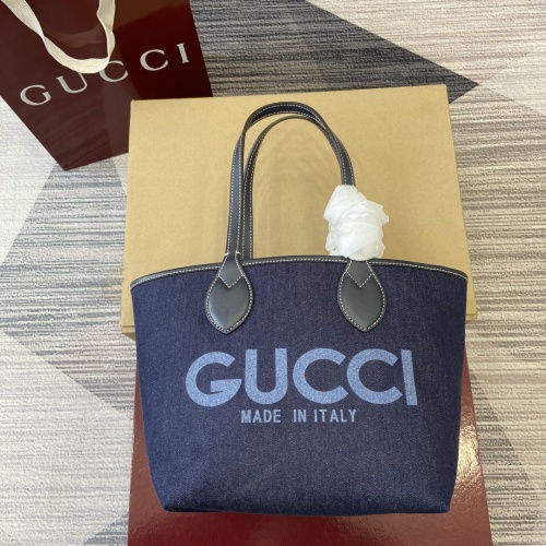 Gucci Totissima Small Tote Bag in Blue Denim with Leather Trim 1 Gucci Totissima Small Tote Bag in Blue Denim with Leather Trim