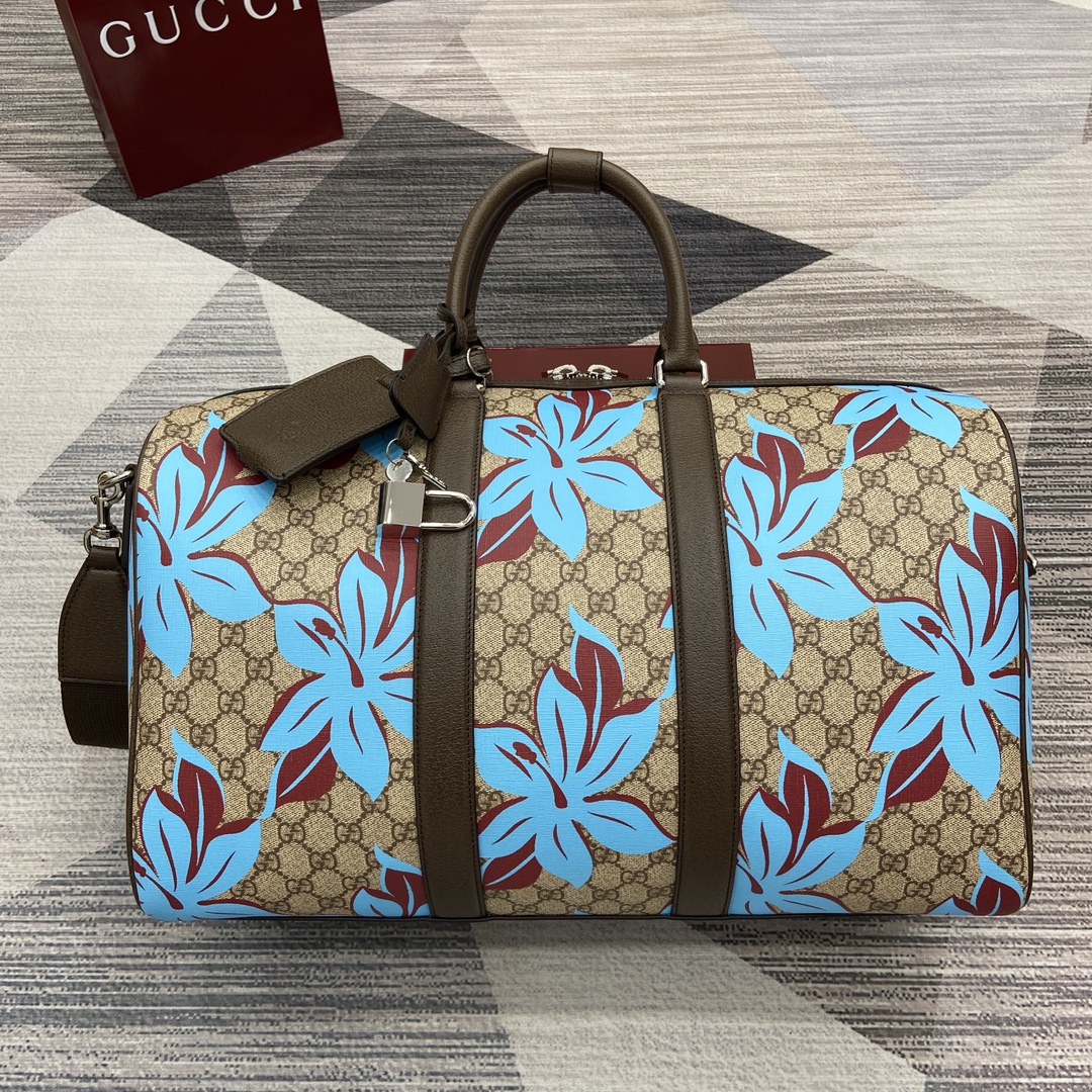 GUCCI Travel Bag Floral Print Canvas Leather Handbag