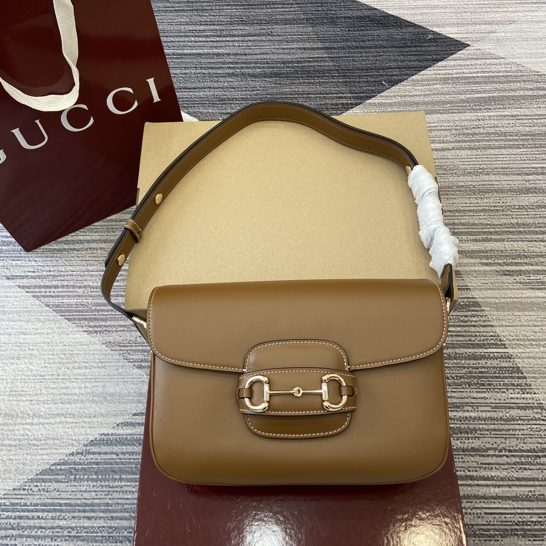 Gucci Horsebit 1955 Small Shoulder Bag Smooth Leather Brown