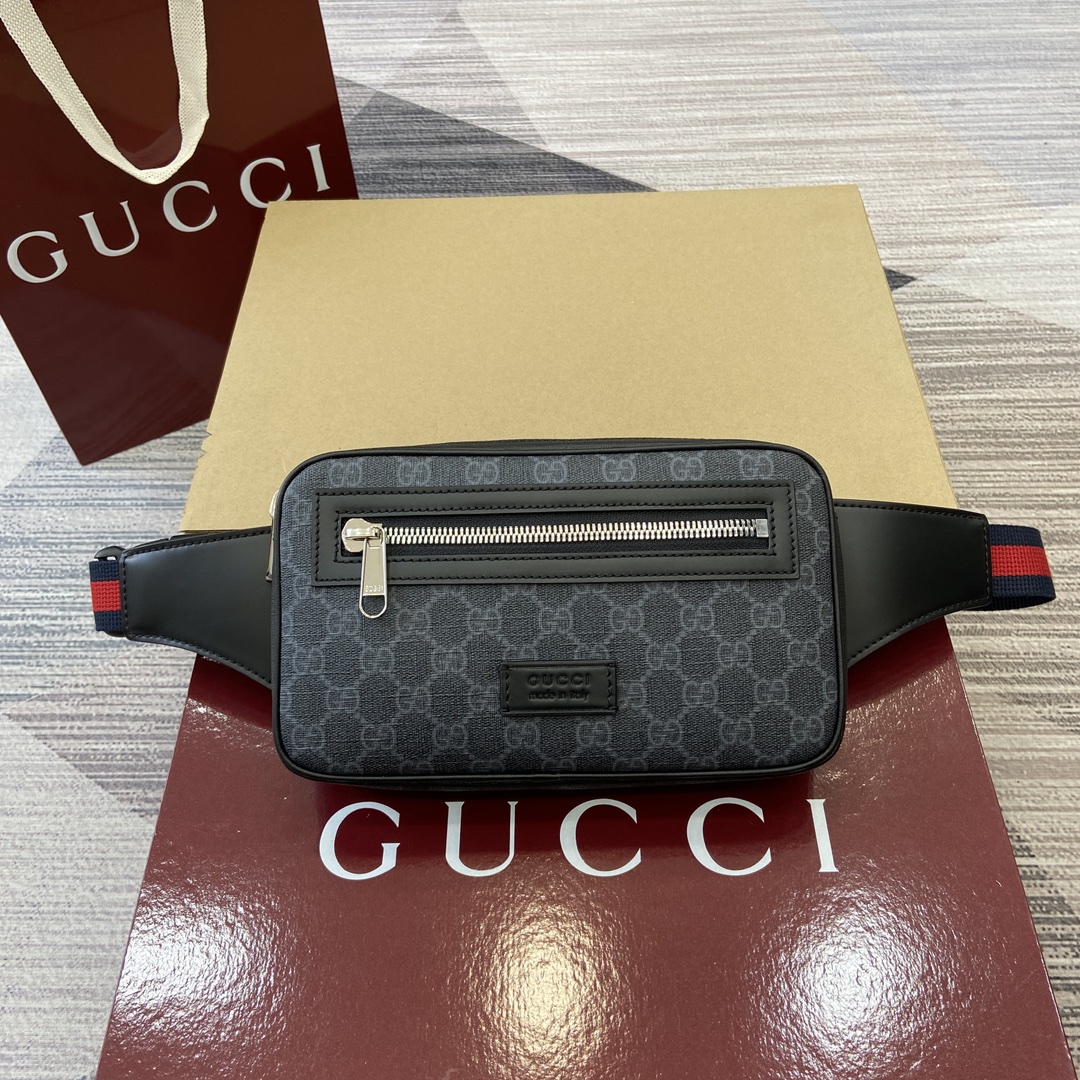 GUCCI 腰包 GG Supreme 帆布 蓝红织带 可调节腰带