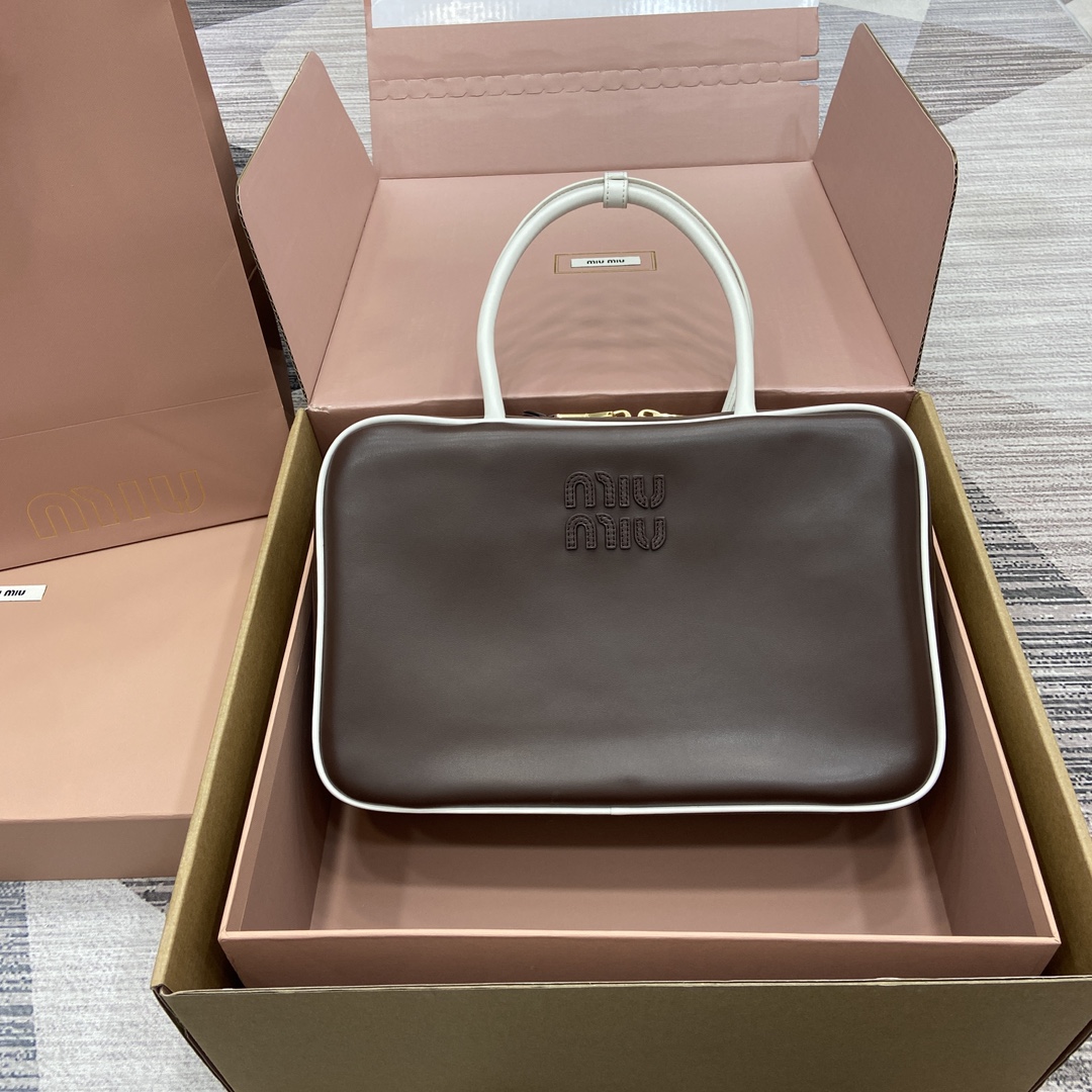 Miu Miu Top Handle Bag Leather Satchel Brown/White, 34X23X11cm 11 i1744606617 2086 6