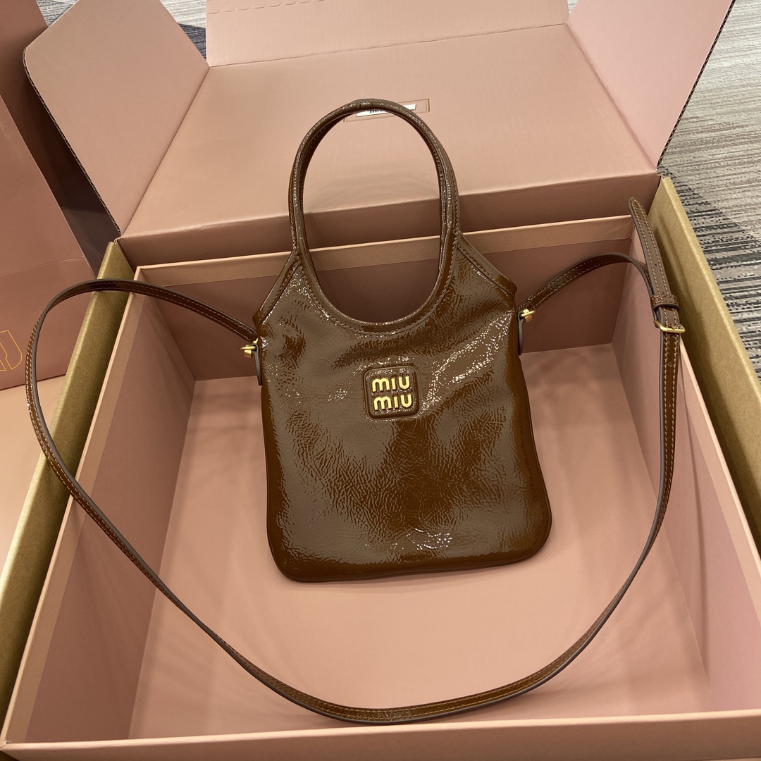 Miu Miu Mini Tote Bag - Brown Patent Leather, Removable Strap, Compact Size 1 i1744945660 151 0