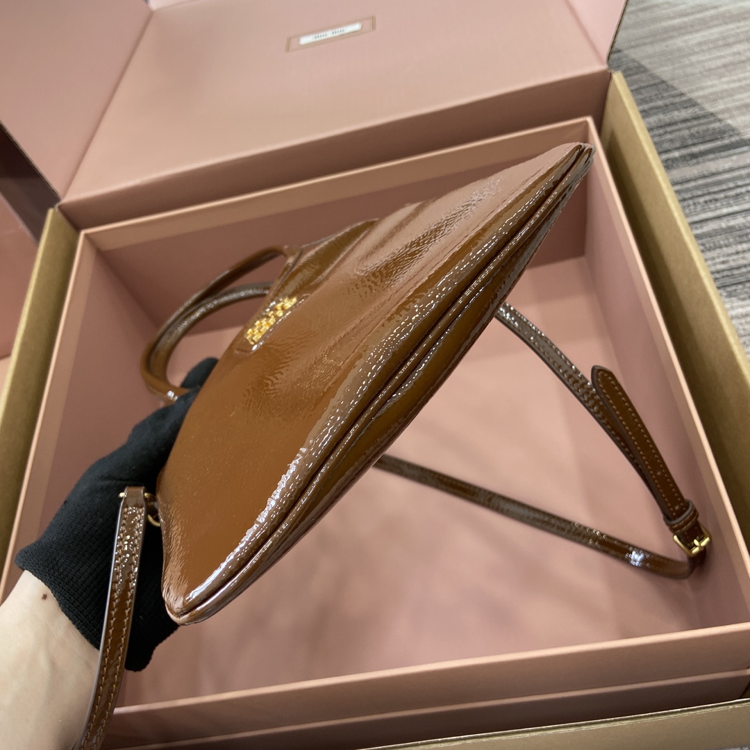 Miu Miu Mini Tote Bag - Brown Patent Leather, Removable Strap, Compact Size 7 i1744945660 3978 0