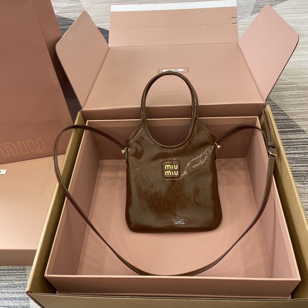 Miu Miu Mini Tote Bag - Brown Patent Leather, Removable Strap, Compact Size 11 i1744945660 47 0