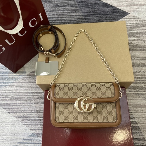 Gucci Go Monogram Shoulder Bag with Chain Strap - Brown Fabric and Leather 1 Gucci Go Monogram Shoulder Bag with Chain Strap - Brown Fabric and Leather