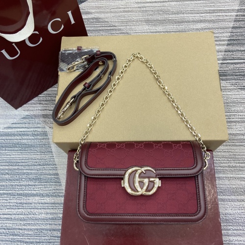Gucci Go Monogram Shoulder Bag, Red Fabric & Leather, Chain Strap - 826761 1 Gucci Go Monogram Shoulder Bag, Red Fabric & Leather, Chain Strap - 826761