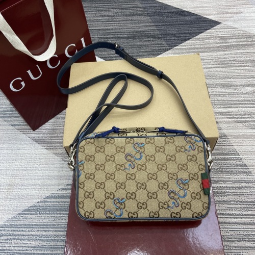 Gucci Original Beige Canvas Messenger Bag with Blue Snake Embroidery 1 Gucci Original Beige Canvas Messenger Bag with Blue Snake Embroidery