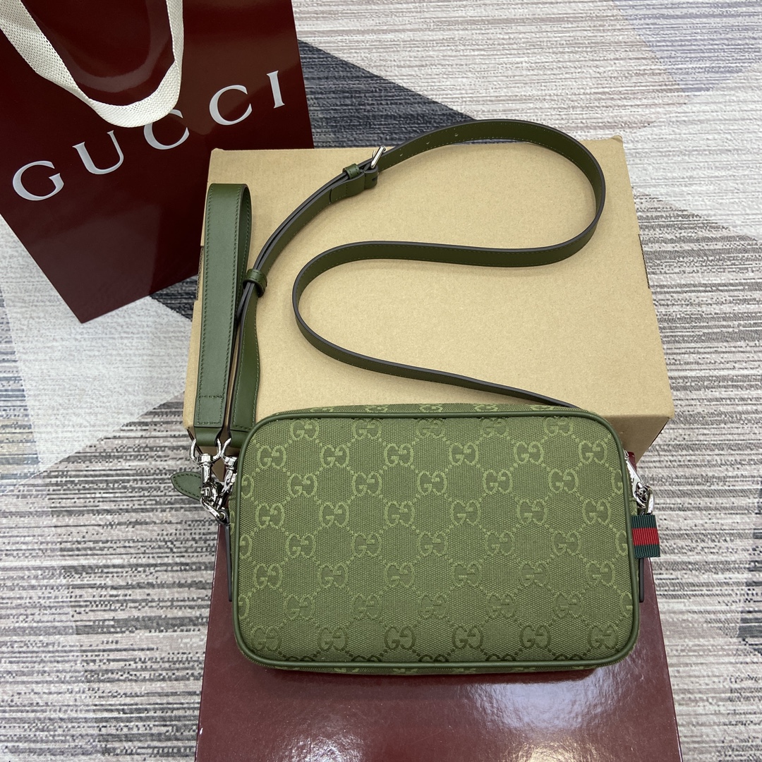 GUCCI 森林綠 GG帆布 織帶 小號斜背包