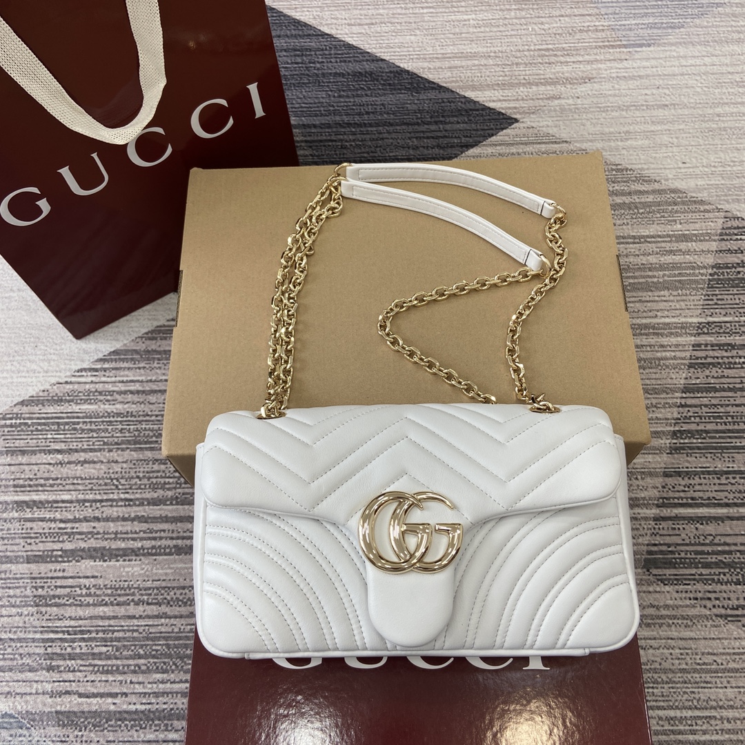 GUCCI GG Marmont Series Shoulder Bag Double G Hardware Faceted Chain Strap Soft Leather Simple Back Pocket Bright Yellow Full Leather - Top Quality