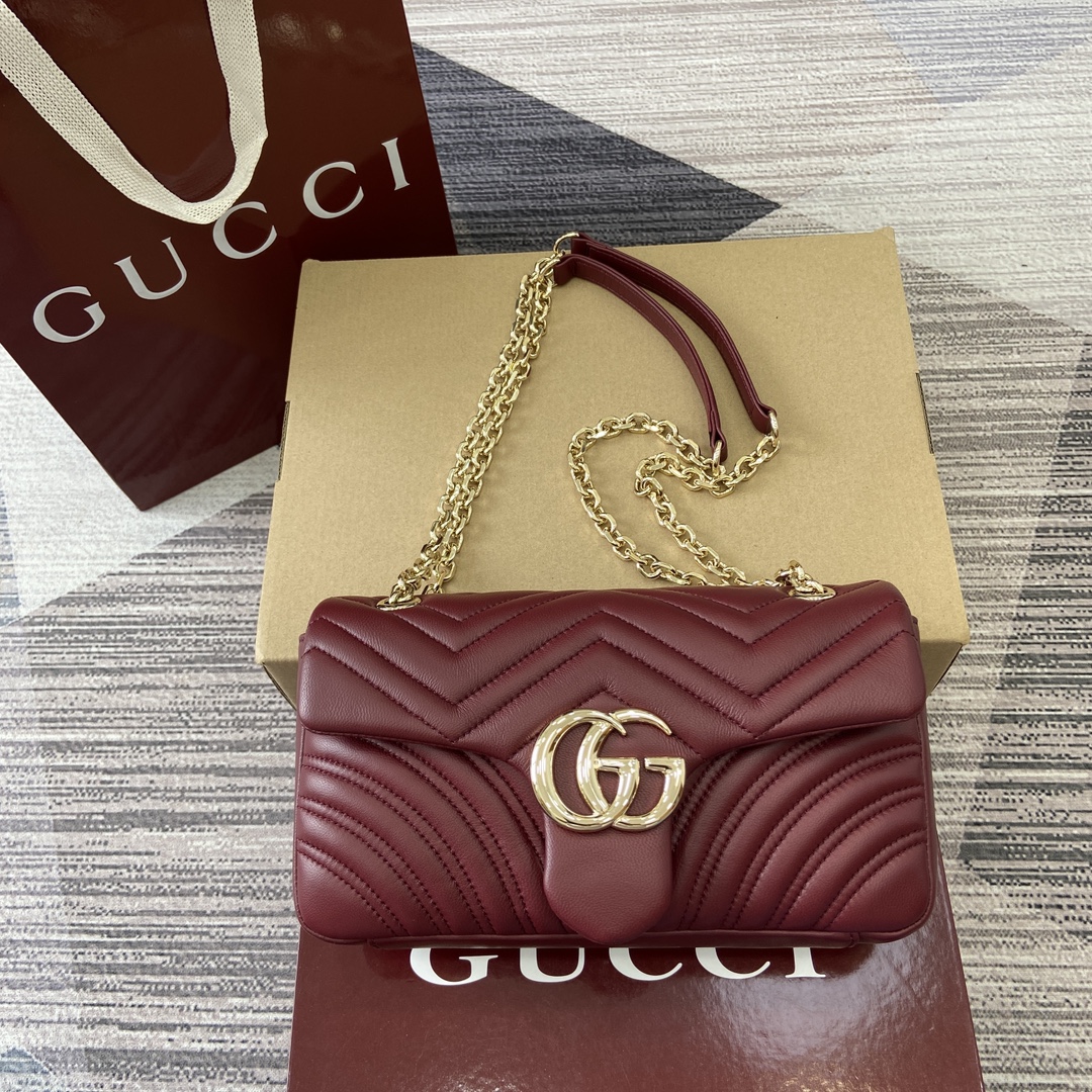 GUCCI GG Marmont Series Shoulder Bag Double G Hardware Faceted Chain Strap Soft Leather Minimalist Back Pocket Bright Yellow Full Leather - Top Quality