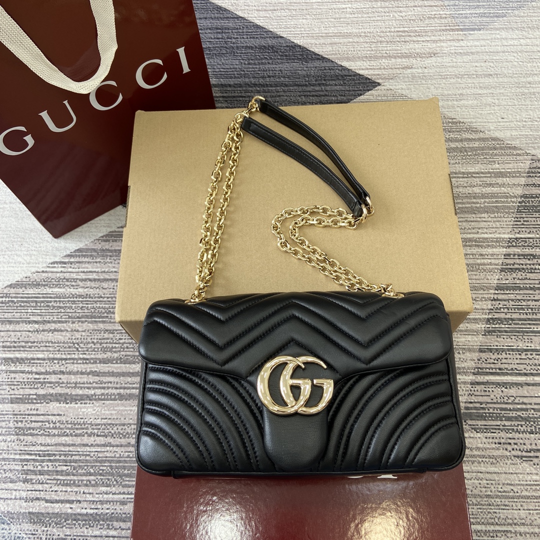 GUCCI GG Marmont Series Shoulder Bag Double G Hardware Faceted Chain Strap Soft Leather Simple Back Pocket Bright Yellow Full Leather - Top Quality