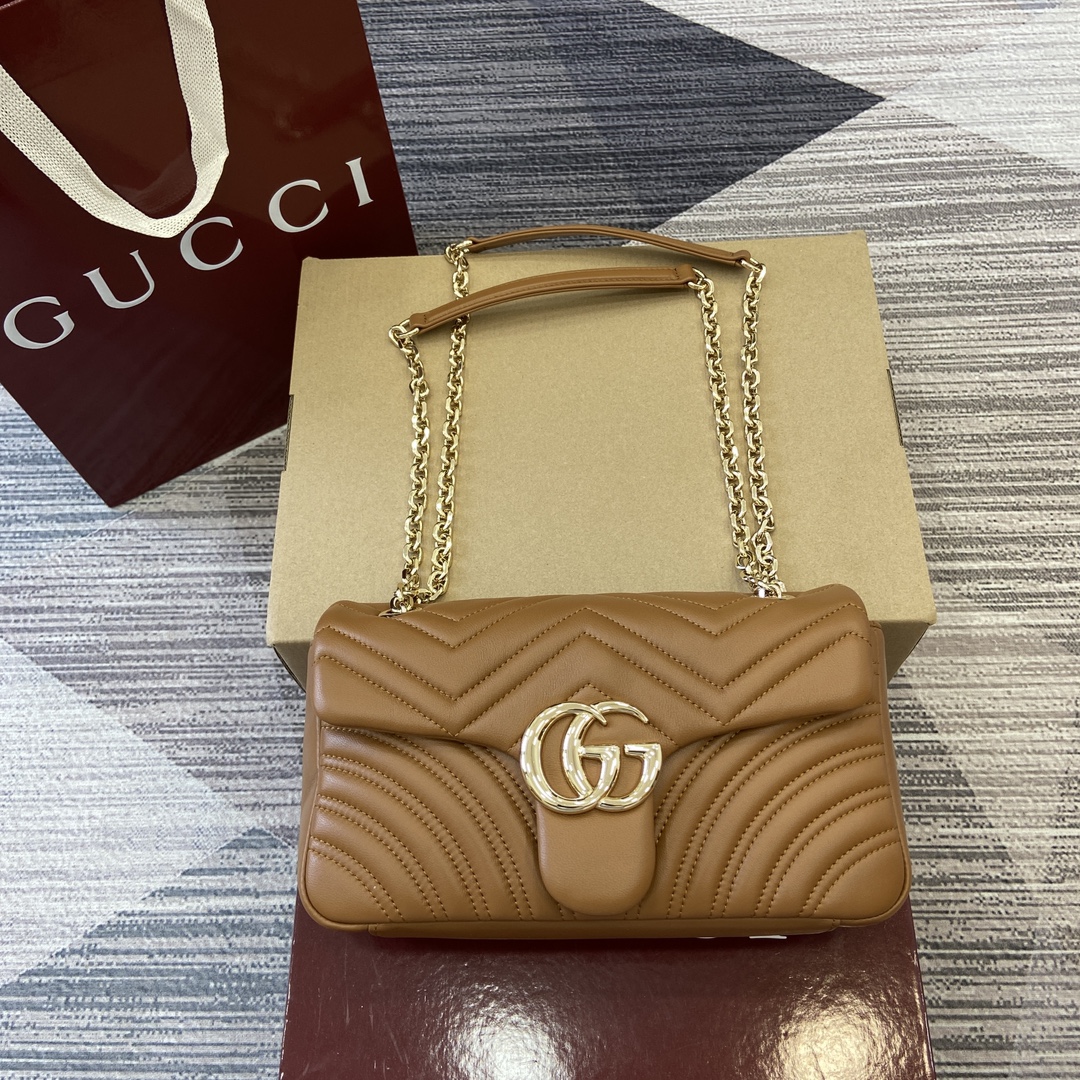 GUCCI GG Marmont Series Shoulder Bag Double G Hardware Faceted Chain Strap Soft Leather Simple Back Pocket Bright Yellow Full Leather - Top Quality