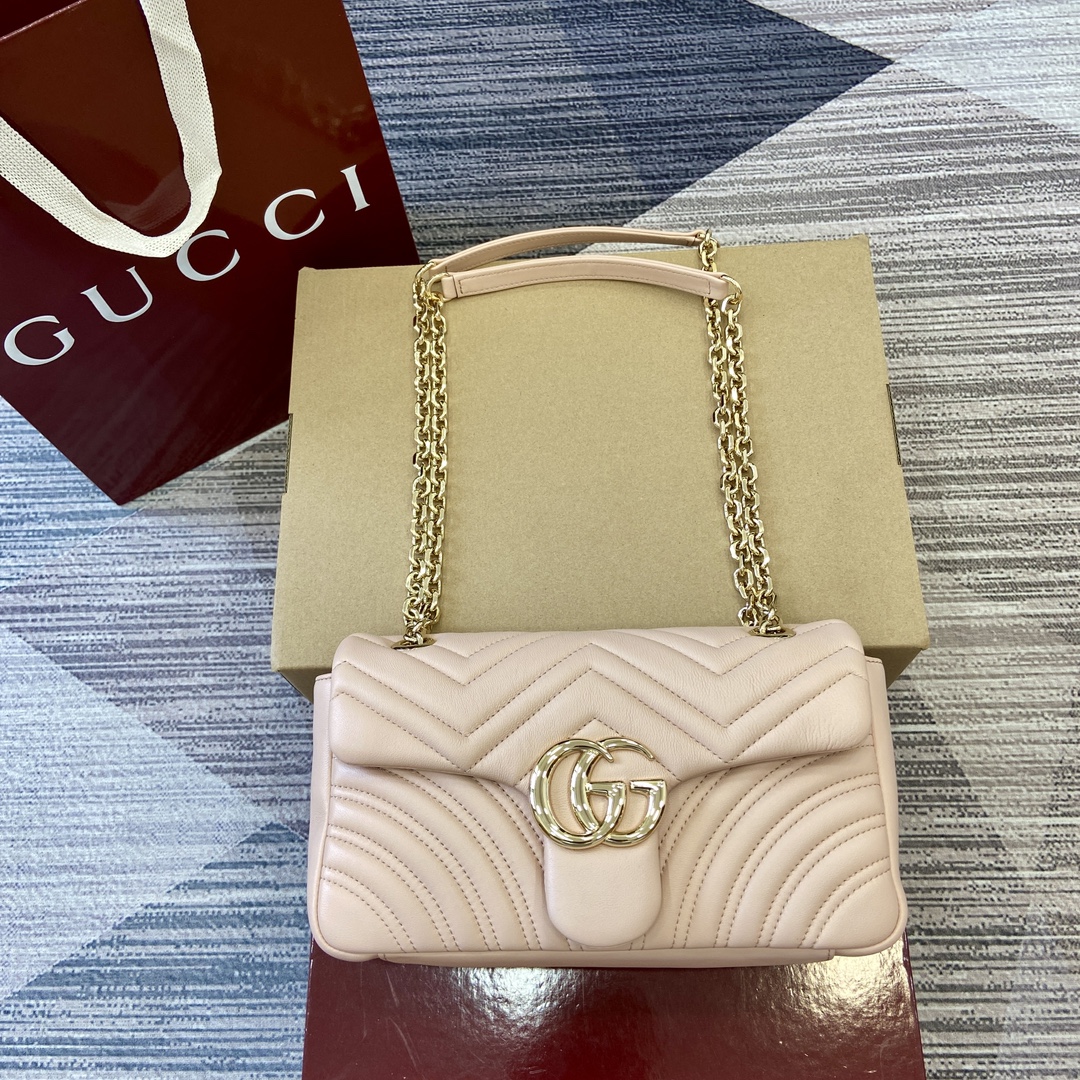 GUCCI GG Marmont Series Shoulder Bag Double G Hardware Faceted Chain Strap Soft Leather Simple Back Pocket Bright Yellow Full Leather - Top Quality
