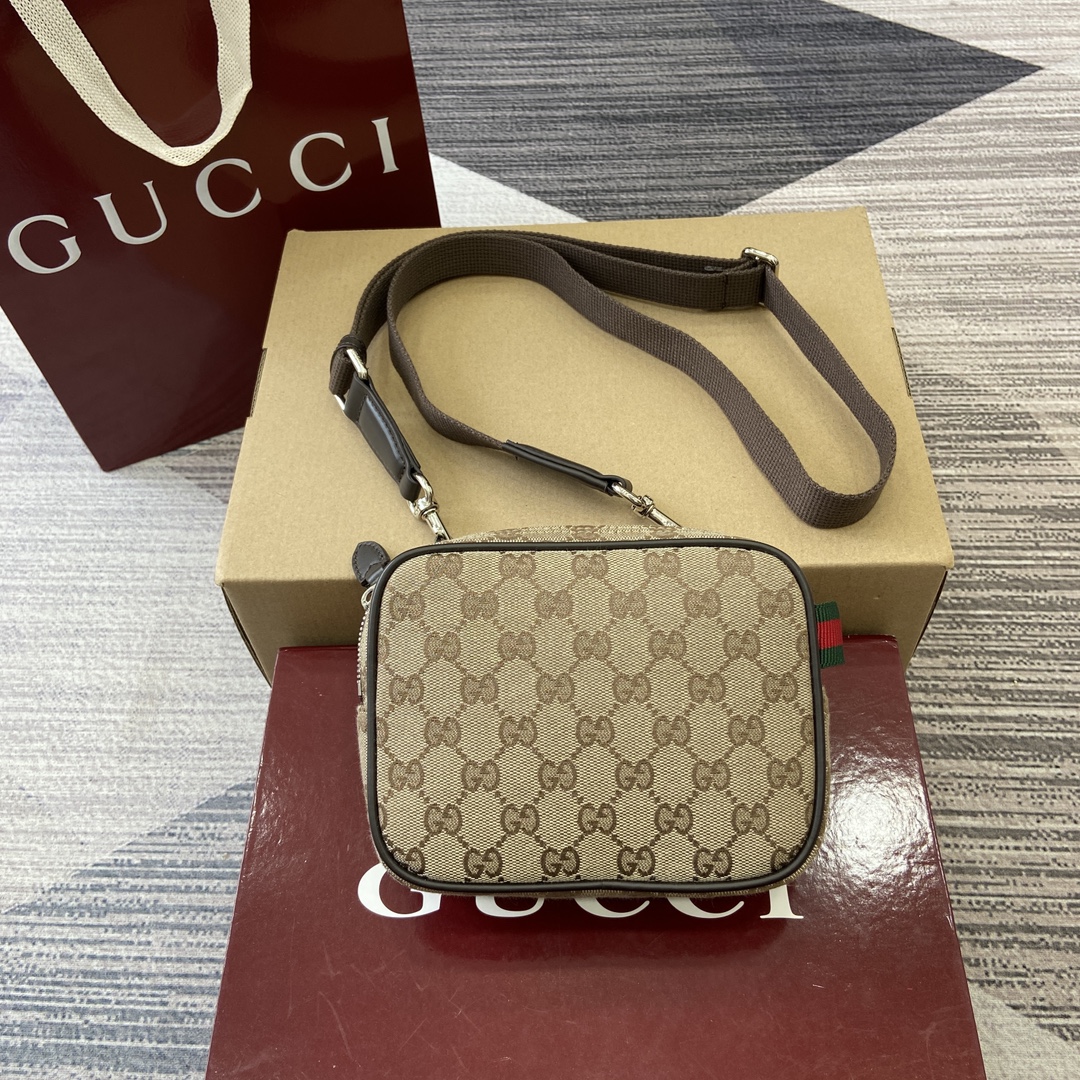 GUCCI GG帆布 紅綠織帶 深棕皮革肩帶 托特包