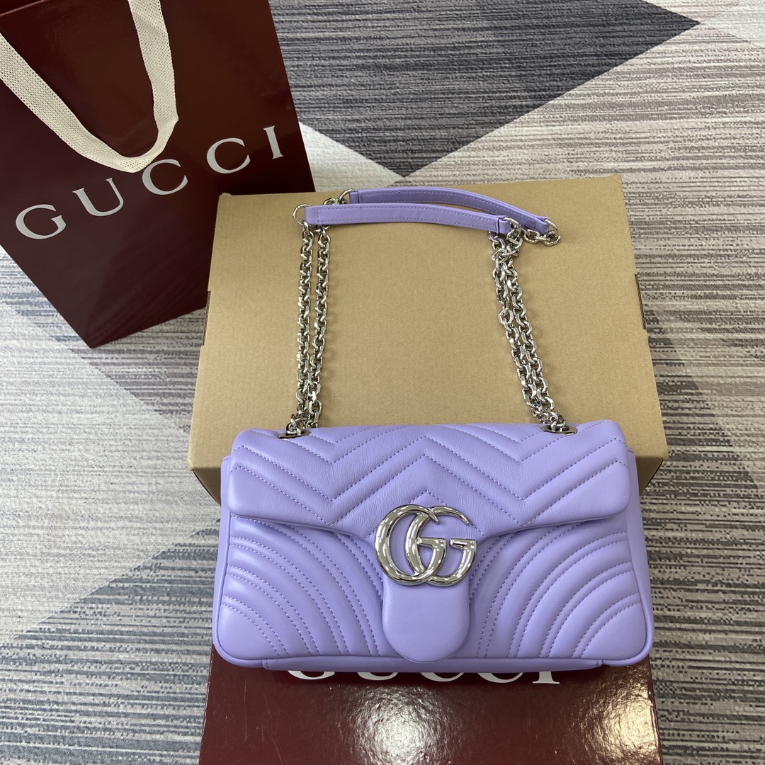 GUCCI GG Marmont Series Shoulder Bag Double G Hardware Faceted Chain Strap Soft Leather Simple Back Pocket Bright Yellow Full Leather - Top Quality