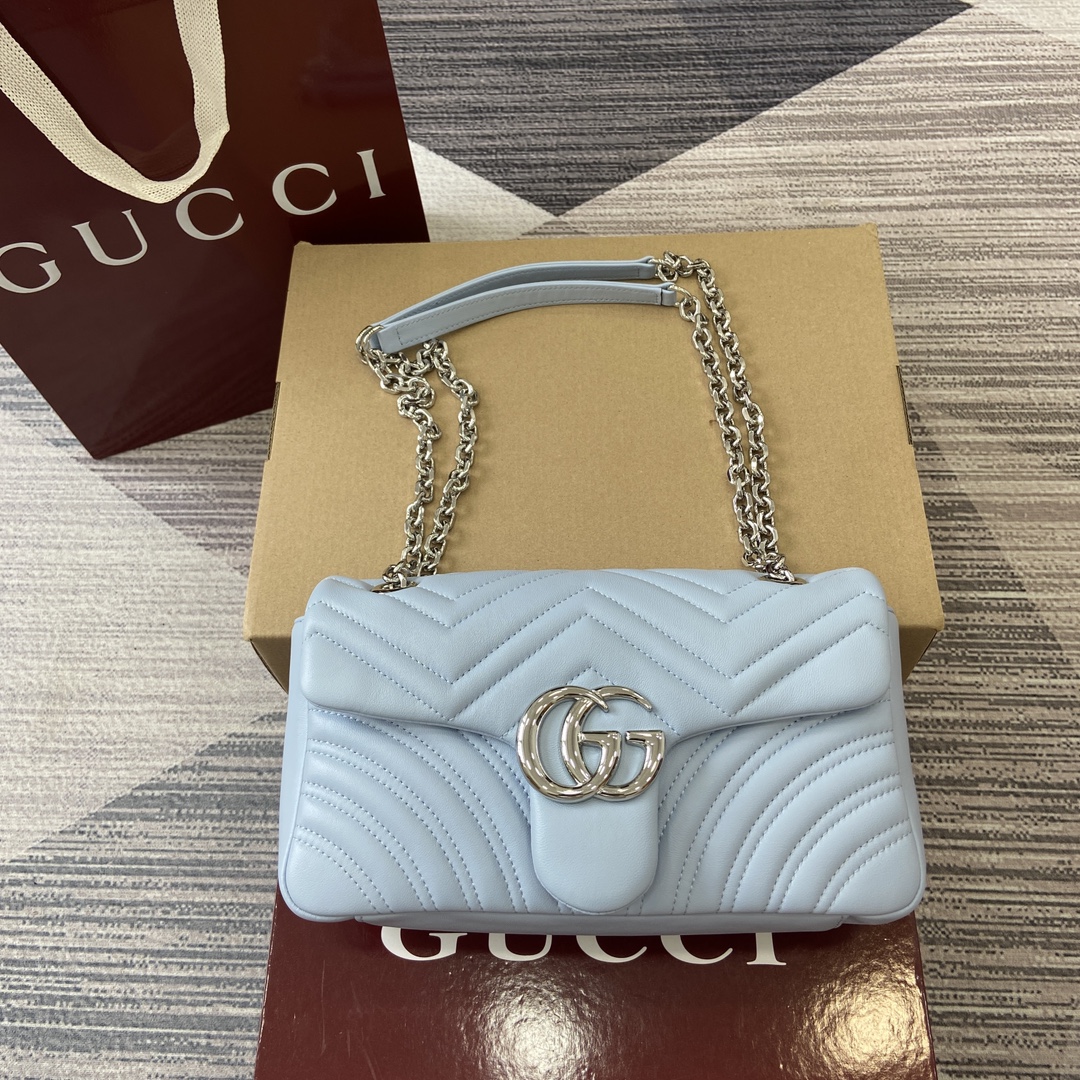 GUCCI GG Marmont Series Shoulder Bag Double G Hardware Faceted Chain Strap Soft Leather Simple Back Pocket Bright Yellow Full Leather - Top Quality