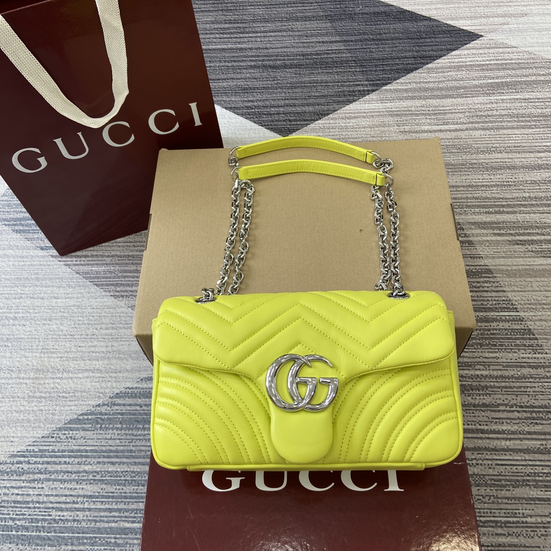 GUCCI GG Marmont Series Shoulder Bag Double G Hardware Faceted Chain Strap Soft Leather Minimalist Back Pocket Bright Yellow Full Leather - Top Quality