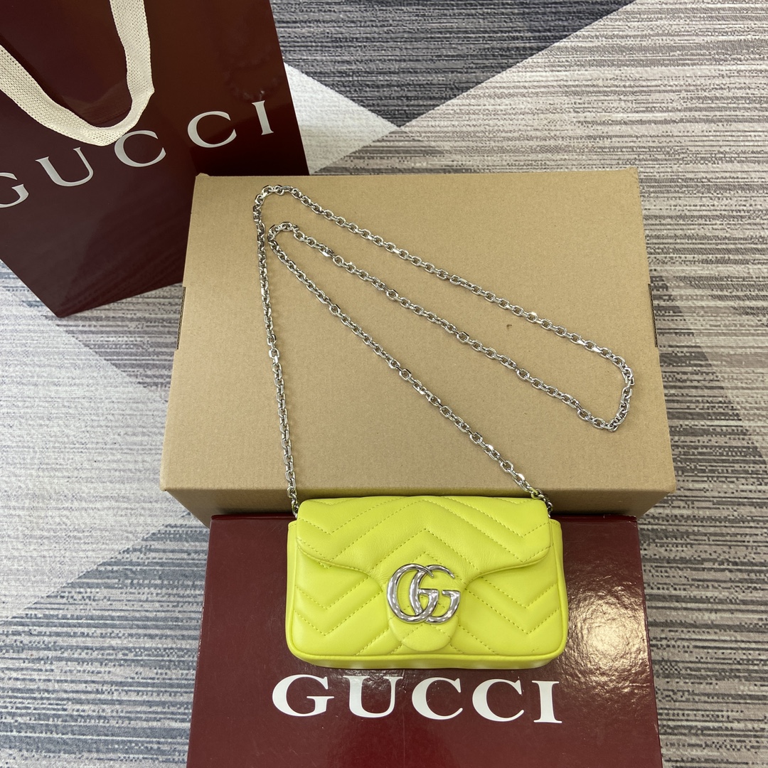 GUCCI GG Marmont Mini Bag, Double G Hardware, Faceted Chain Strap, Soft Leather, Archive Logo, Bright Green Full Leather - Top Quality