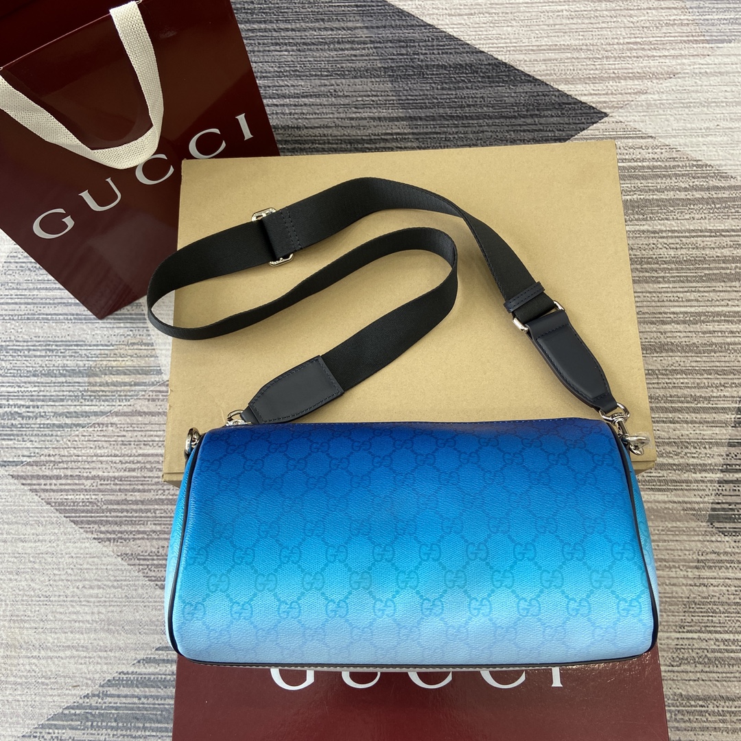 GUCCI 漸層藍 GG Monogram 塗層織物 波士頓包