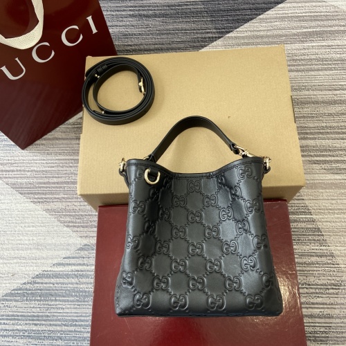 Gucci Emblem Black Embossed Leather Bucket Bag with Detachable Strap 1 Gucci Emblem Black Embossed Leather Bucket Bag with Detachable Strap