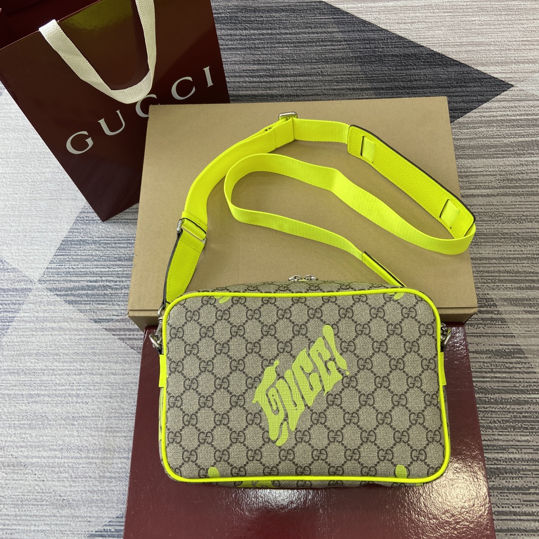 GUCCI пакрытая тканіна скураная акантоўка кантраснага колеру сумка праз плячо