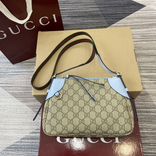 Gucci Emblem Small Shoulder Bag GG Canvas Light Blue Leather Trim 1 Gucci Emblem Small Shoulder Bag GG Canvas Light Blue Leather Trim
