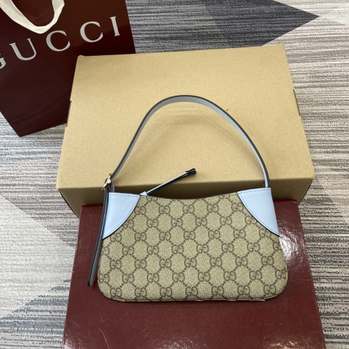 Gucci Emblem Mini Shoulder Bag GG Canvas Light Blue Leather Trim 1 Gucci Emblem Mini Shoulder Bag GG Canvas Light Blue Leather Trim