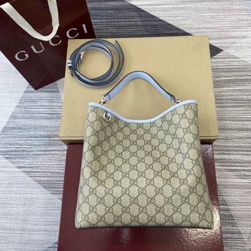Gucci Emblem Small Shoulder Bag, Beige & Blue GG Coated Fabric, 25cm