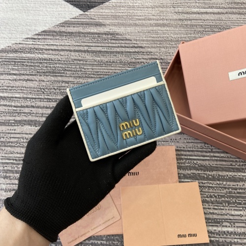 Miu Miu Lambskin Leather Card Holder - Light Blue with White Trim
