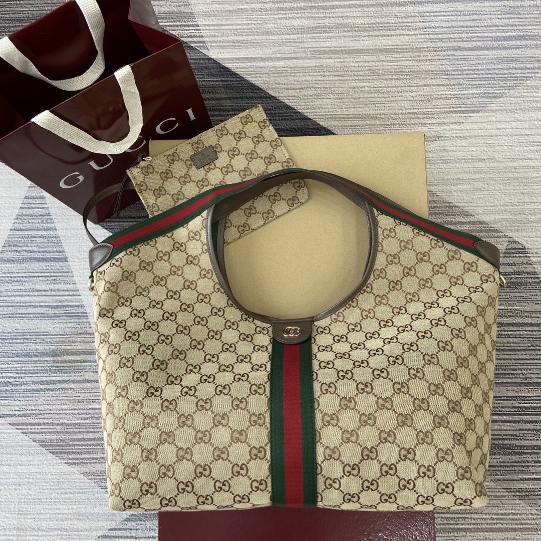 Gucci Giglio Large Tote Bag in Beige GG Canvas with Red and Green Web