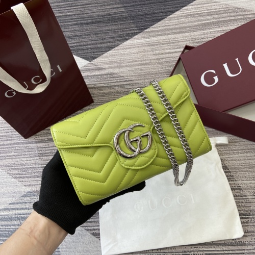 Gucci Marmont Bright Green Leather Chain Wallet - Double G Hardware