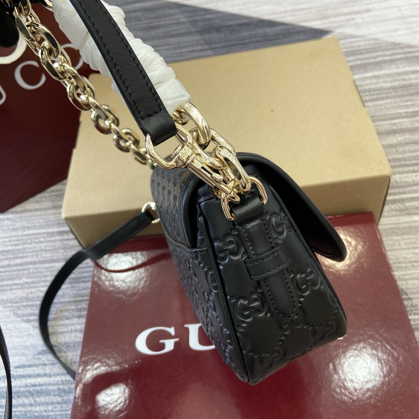 Gucci Emblem Black Embossed Leather Shoulder Bag with Chain Strap 4 i1753426782333 3563 0 2