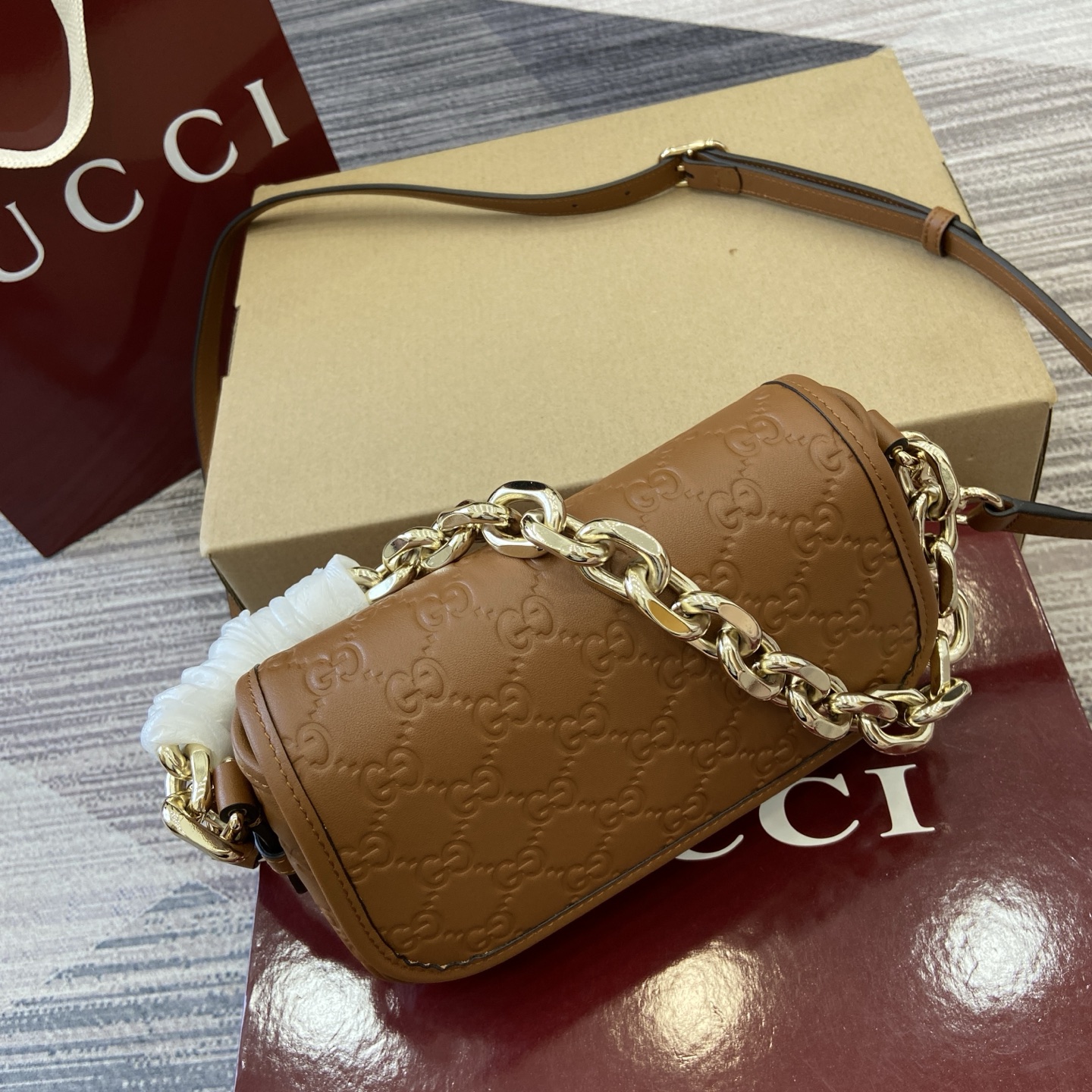 Gucci Emblem Brown Embossed Leather Chain Shoulder Bag, 20.5cm 5 i1753426799500 9242 0 3