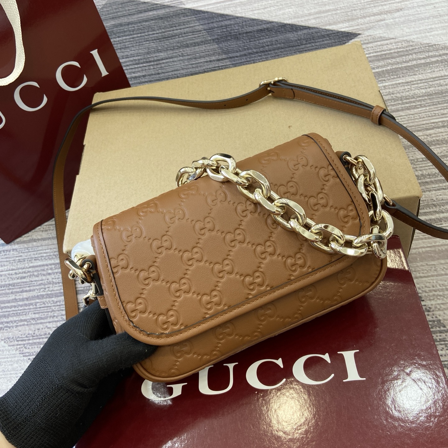 Gucci Emblem Brown Embossed Leather Chain Shoulder Bag, 20.5cm 1 i1753426802112 2574 0 4