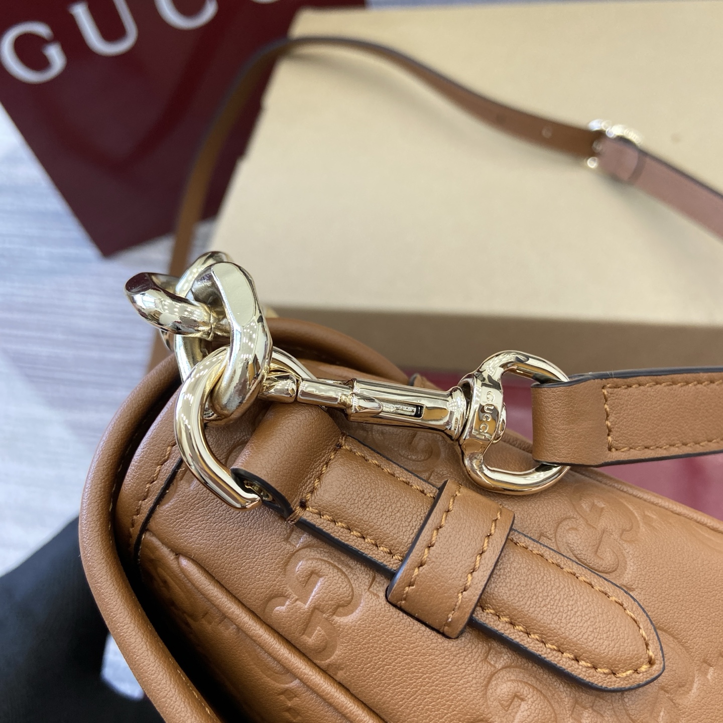 Gucci Emblem Brown Embossed Leather Chain Shoulder Bag, 20.5cm 7 i1753426802250 5430 0 8