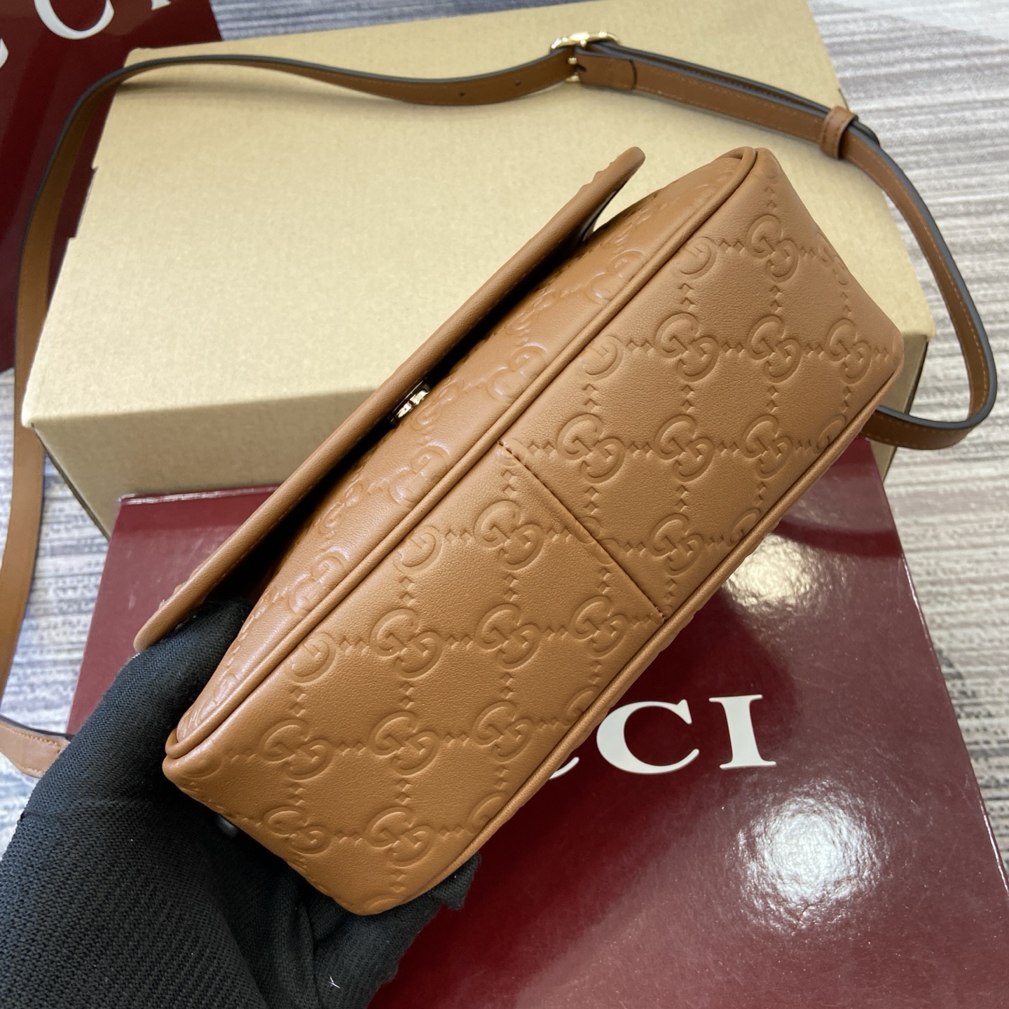 Gucci Emblem Brown Embossed Leather Chain Shoulder Bag, 20.5cm 6 i1753426802340 356 0 7