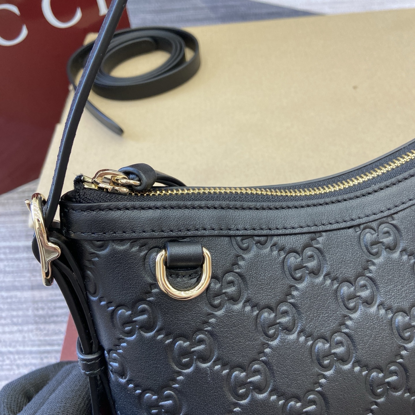 Gucci Emblem Embossed Leather Shoulder Bag, 22cm, Black 12 i1753426826281 5328 0 6
