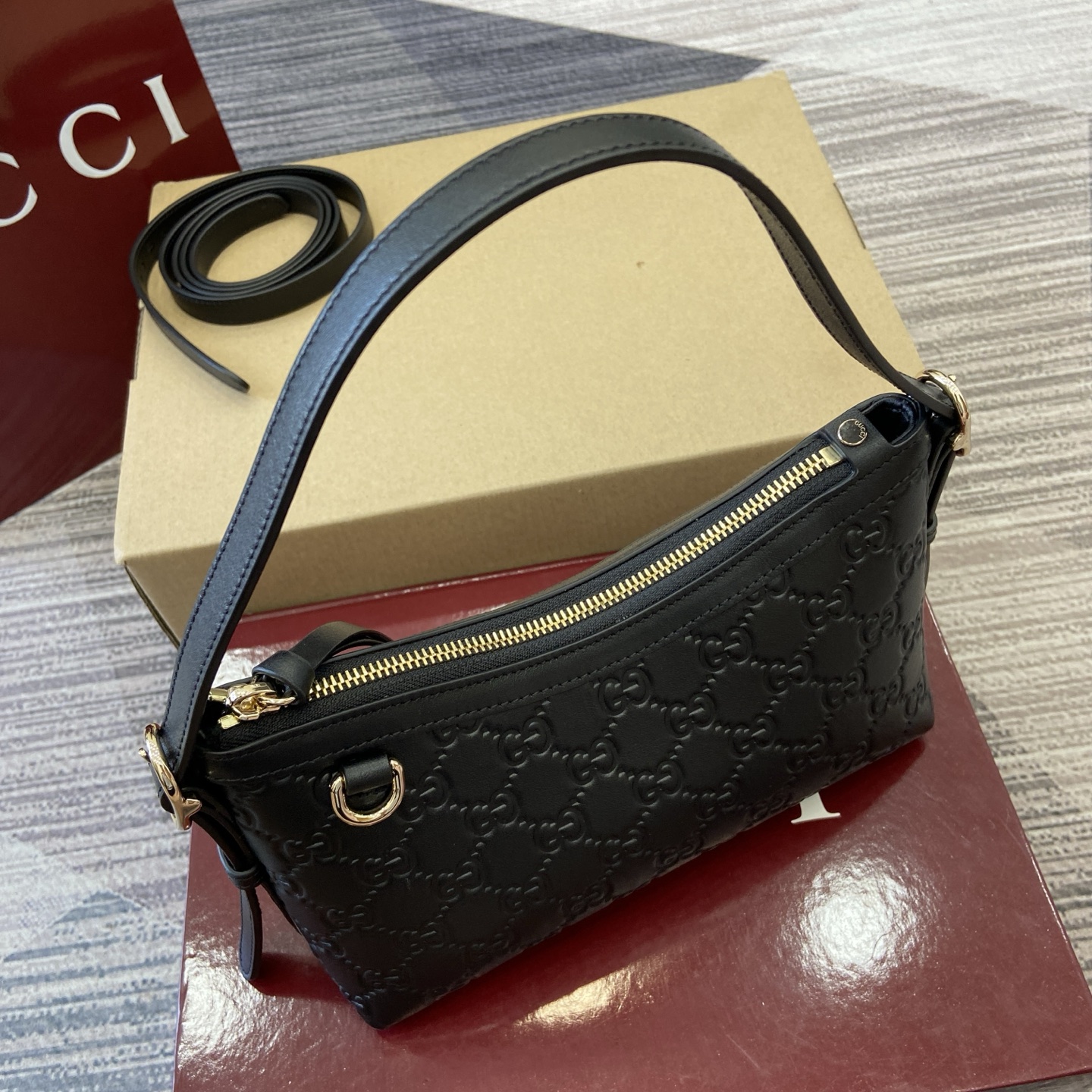 Gucci Emblem Embossed Leather Shoulder Bag, 22cm, Black 7 i1753426826406 2409 0 4