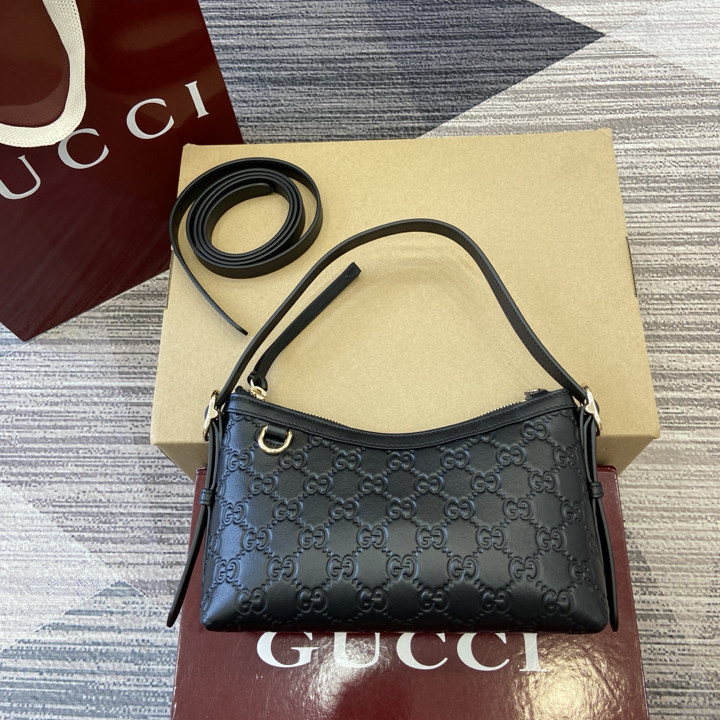 Gucci Emblem Embossed Leather Shoulder Bag, 22cm, Black 3 i1753426826452 6674 0 0