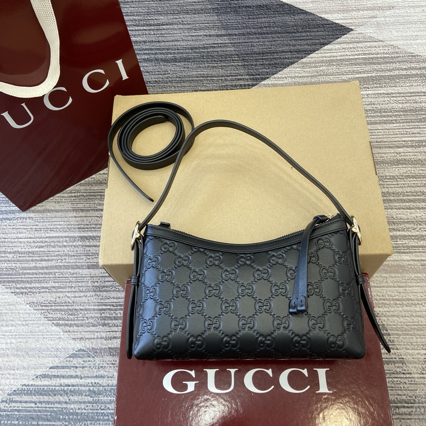 Gucci Emblem Embossed Leather Shoulder Bag, 22cm, Black 4 i1753426828166 9513 0 1