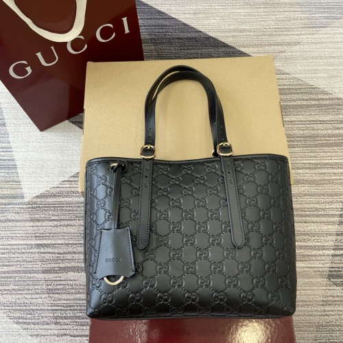 Gucci Emblem Black Embossed Leather Tote Bag with Adjustable Strap 1 Gucci Emblem Black Embossed Leather Tote Bag with Adjustable Strap