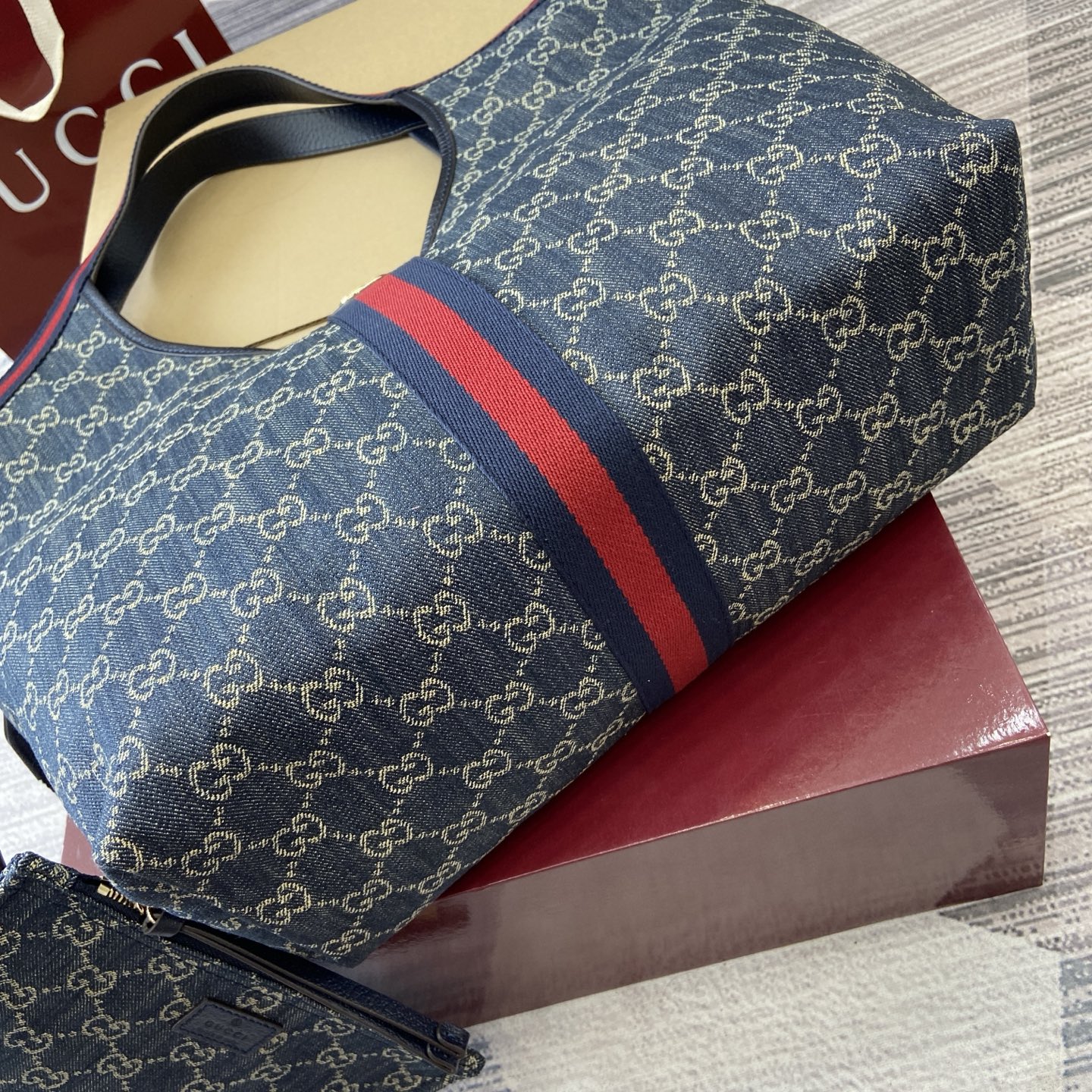 Gucci Giglio Denim Tote Bag with Detachable Pouch - Blue, 50x47x14cm 8 i1753854037622 1252 0 9