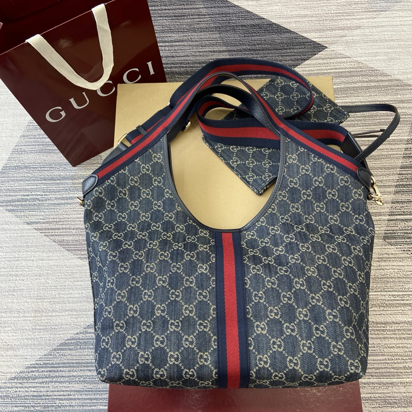 Gucci Giglio Denim Tote Bag with Detachable Pouch - Blue, 50x47x14cm 4 i1753854040388 4162 0 1
