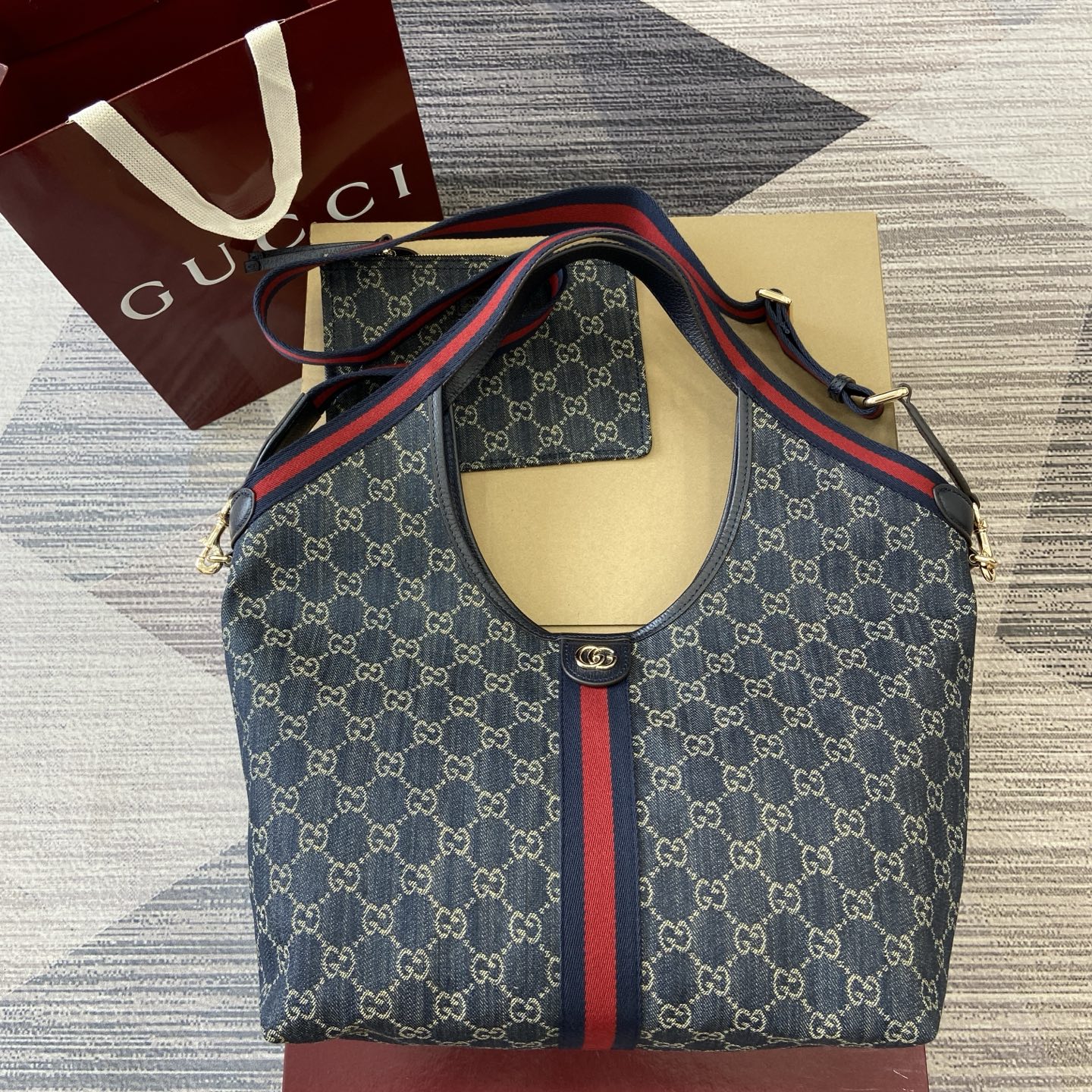 Gucci Giglio Denim Tote Bag with Detachable Pouch - Blue, 50x47x14cm 3 i1753854040435 3377 0 0