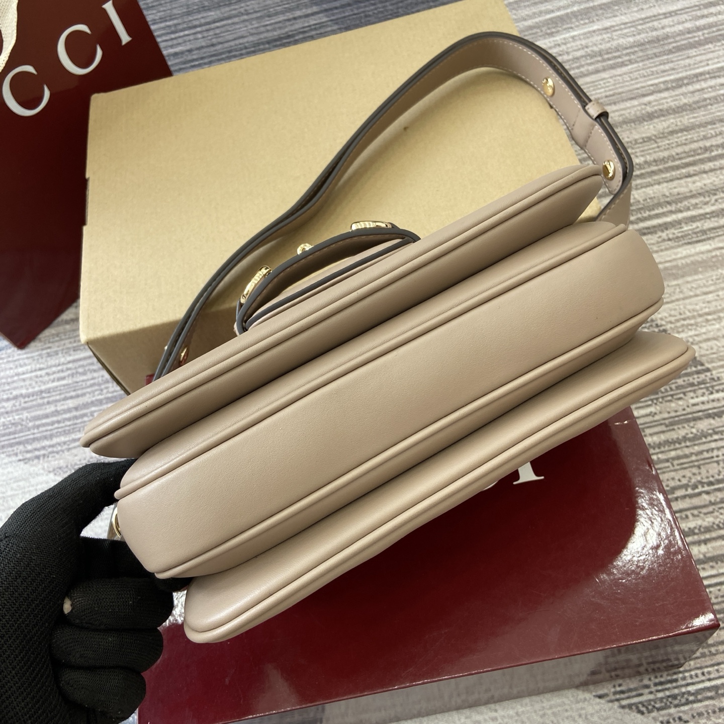 Gucci Horsebit 1955 Small Shoulder Bag in Taupe Leather with Gold Hardware 8 i1753854159197 7539 0 6