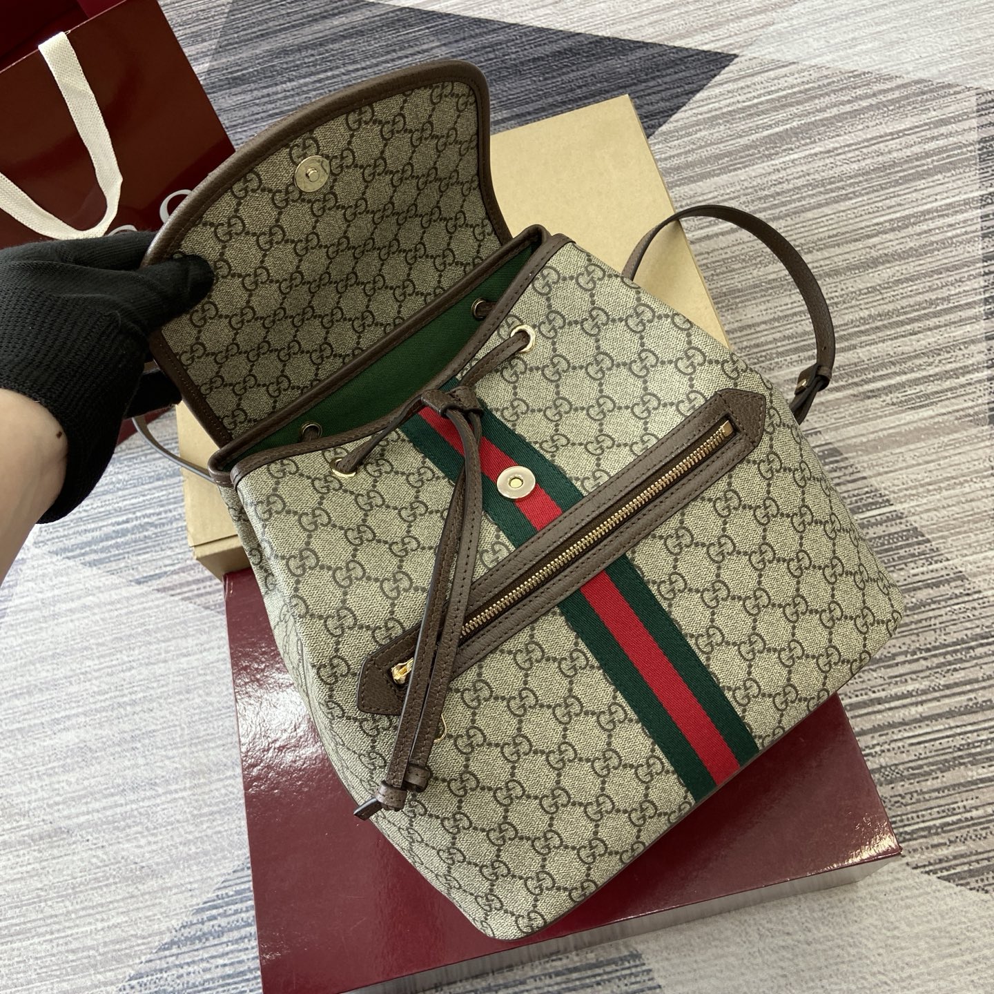 Gucci Ophidia GG Supreme Mini Backpack Beige/Brown Leather Trim, Top Handle 12 i1754118926451 353 0 11