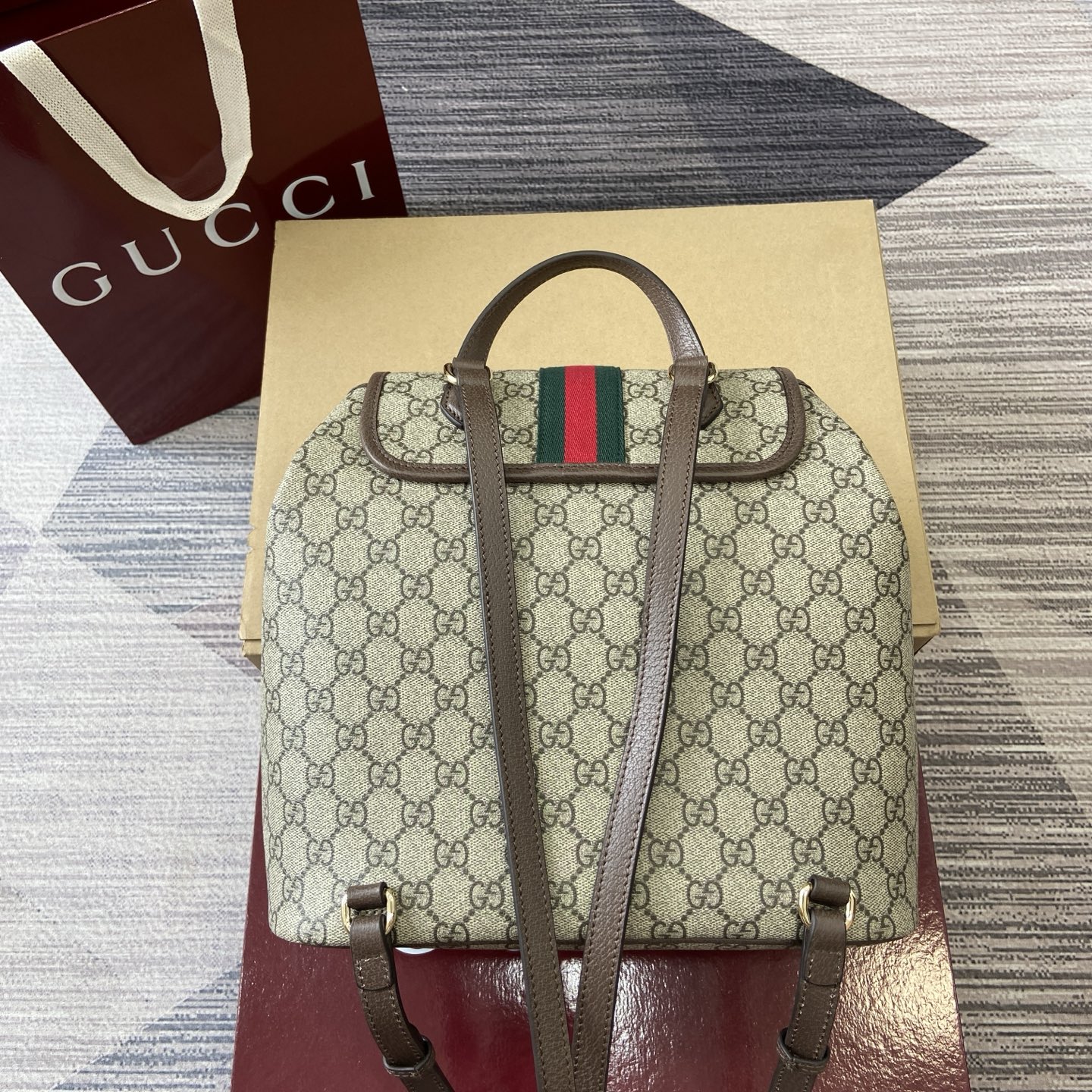Gucci Ophidia GG Supreme Mini Backpack Beige/Brown Leather Trim, Top Handle 4 i1754118928284 788 0 1