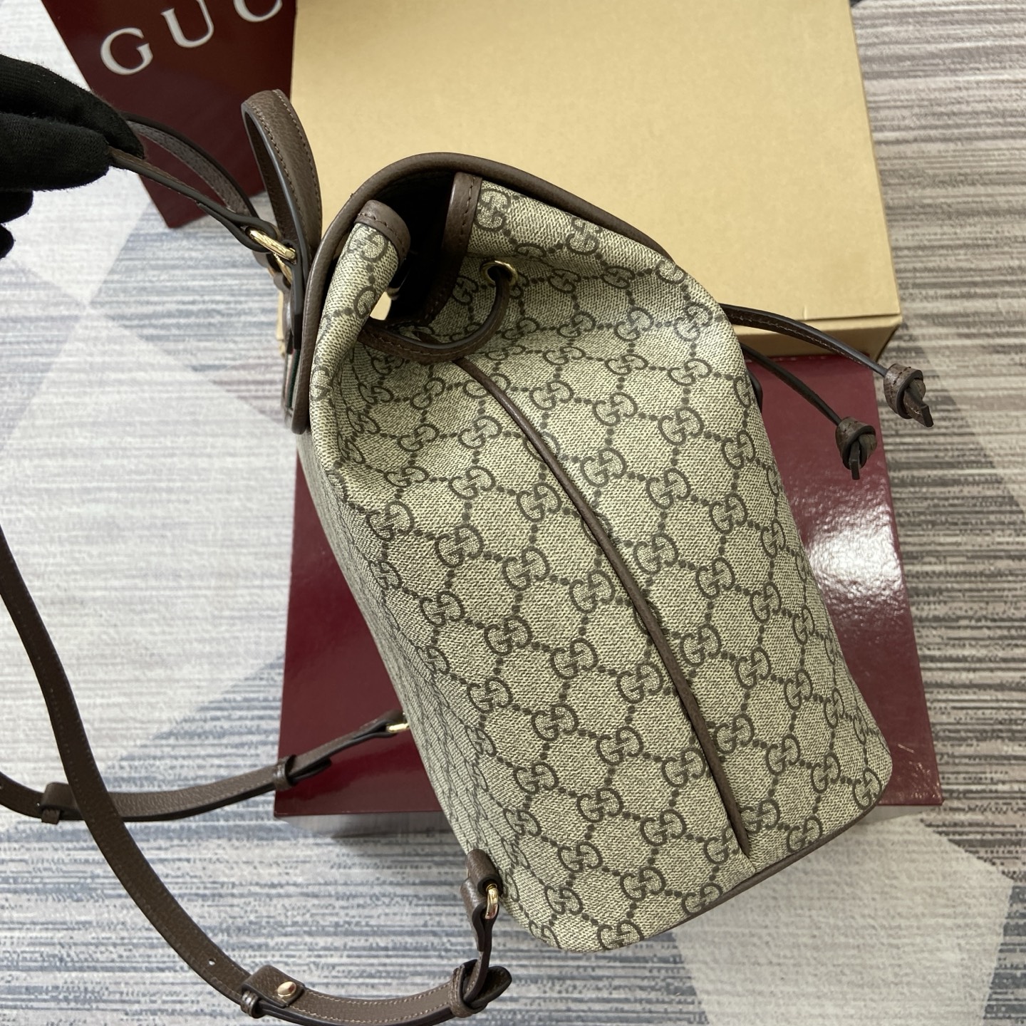 Gucci Ophidia GG Supreme Mini Backpack Beige/Brown Leather Trim, Top Handle 5 i1754118928308 4049 0 2