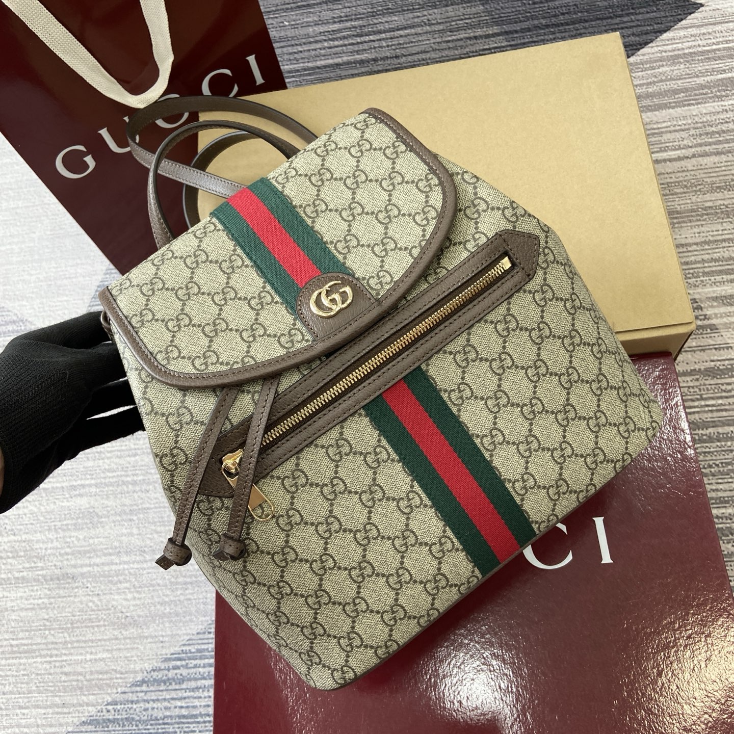 Gucci Ophidia GG Supreme Mini Backpack Beige/Brown Leather Trim, Top Handle 16 i1754118928326 8571 0 5